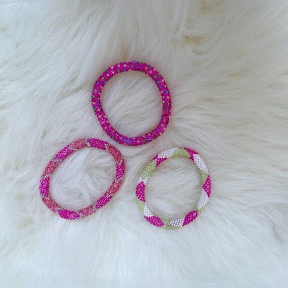 HAND CRAFTED in Nepal Beaded Bracelets (set of 3) PINK3 - Picture 2 of 3
